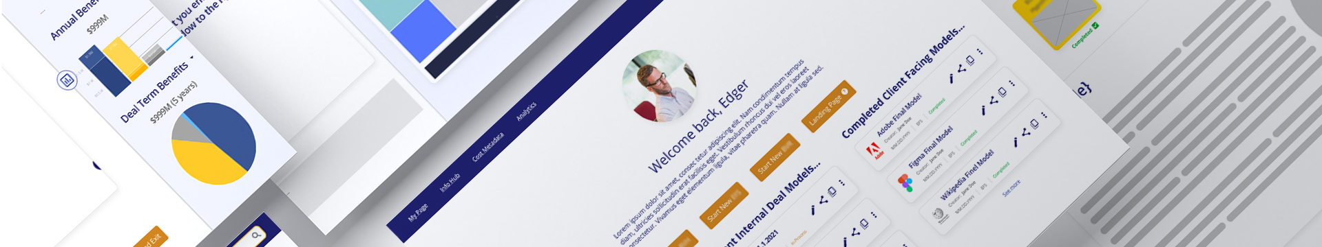 A series of screen mockups hovering over each other developed for Visa
